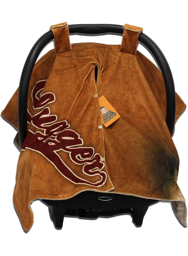 Dear Baby Gear Car Seat Canopy, Slugger Baseball Glove and Baseballs on Brown, Tan Lightweight Double Layer Minky Smooth - Image 1