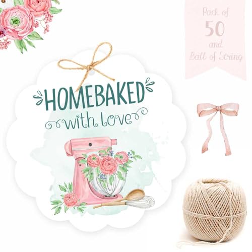 Chic a Choc Home Baked with Love Tags. Pack of 50 HomeBaked with Love Gift Tags. with Jute String for attaching to Cake Box and Bakery Packaging - Image 2