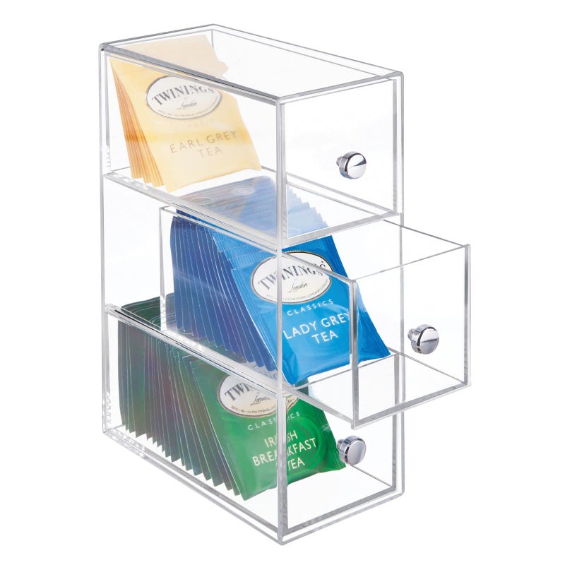 mDesign Plastic Kitchen Pantry Stackable Storage Organizer Container Station with 3 Drawers for Cabinet Countertop Holds Coffee Tea Sugar Packets Creamers Lumiere Collection Clear - Image 2