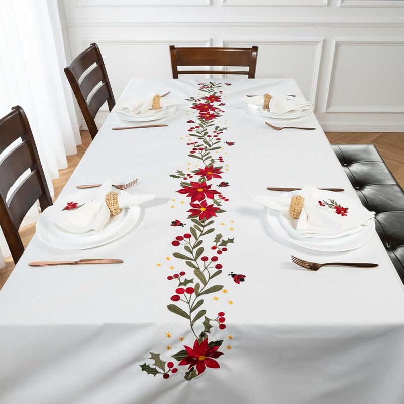RUSTIQUE LINENS Embroidered Cotton Tablecloth 60 x 75 Inch Rectangle – Washable & Colorfast Table Cover for Dining Room, Farmhouse, Kitchen, Home, Party & Wedding Décor - Ivory Cheer - Image 3