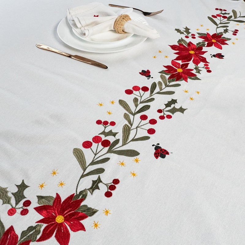 RUSTIQUE LINENS Embroidered Cotton Tablecloth 60 x 75 Inch Rectangle – Washable & Colorfast Table Cover for Dining Room, Farmhouse, Kitchen, Home, Party & Wedding Décor - Ivory Cheer - Image 4