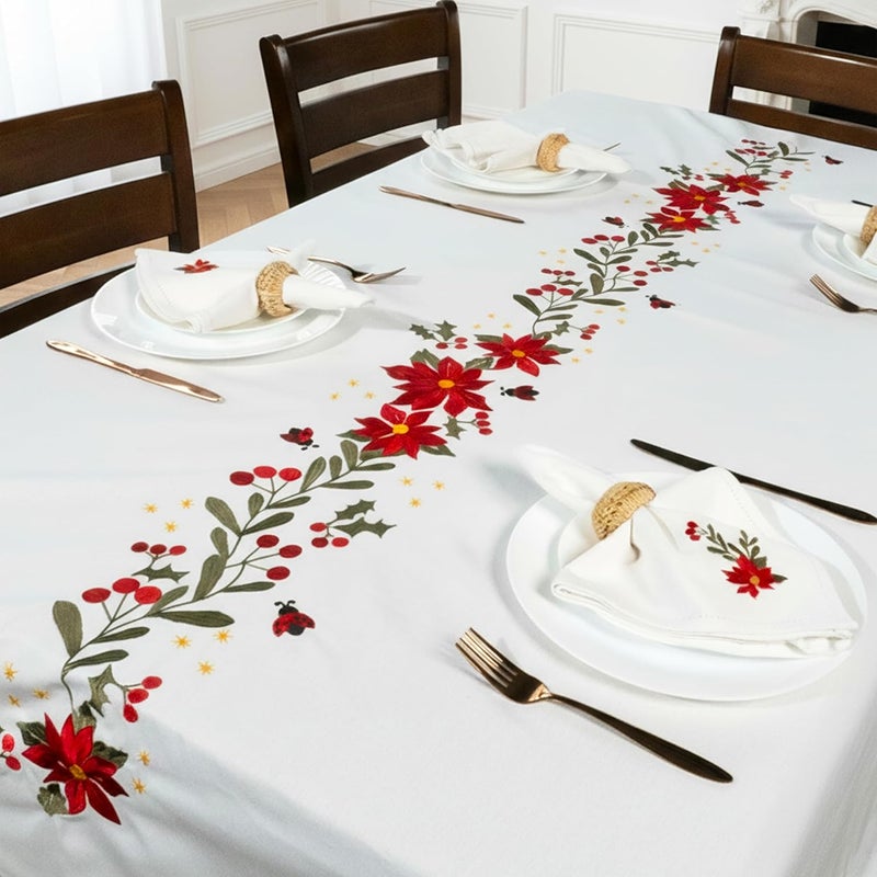 RUSTIQUE LINENS Embroidered Cotton Tablecloth 60 x 75 Inch Rectangle – Washable & Colorfast Table Cover for Dining Room, Farmhouse, Kitchen, Home, Party & Wedding Décor - Ivory Cheer - Image 1