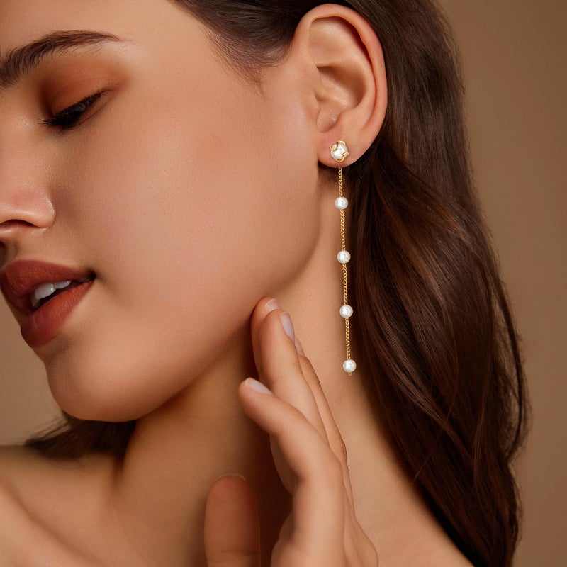 Zeffy Pearl Earrings for Women - Gold Pearl Drop Dangle Earrings Long White Pearl Statement Earring Hypoallergenic Bride Wedding Prom Dainty Tassel Earring Trendy Cute Pearl Jewelry Gifts Birthday - Image 2