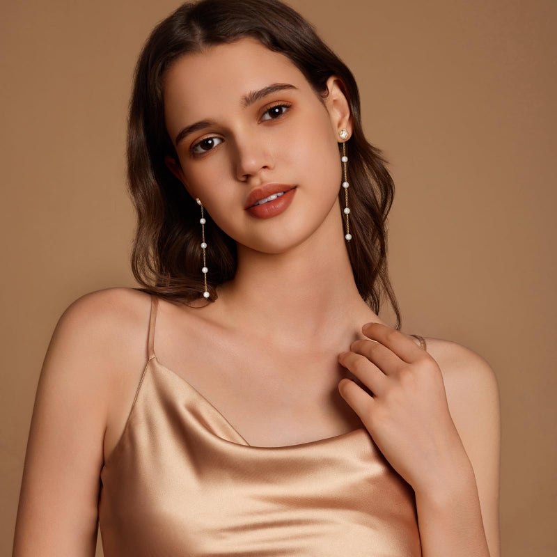 Zeffy Pearl Earrings for Women - Gold Pearl Drop Dangle Earrings Long White Pearl Statement Earring Hypoallergenic Bride Wedding Prom Dainty Tassel Earring Trendy Cute Pearl Jewelry Gifts Birthday - Image 4