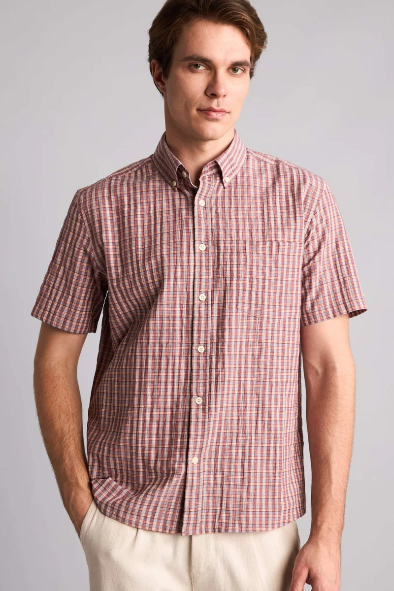 Regular Fit Checked Crinkle Fabric Shirt