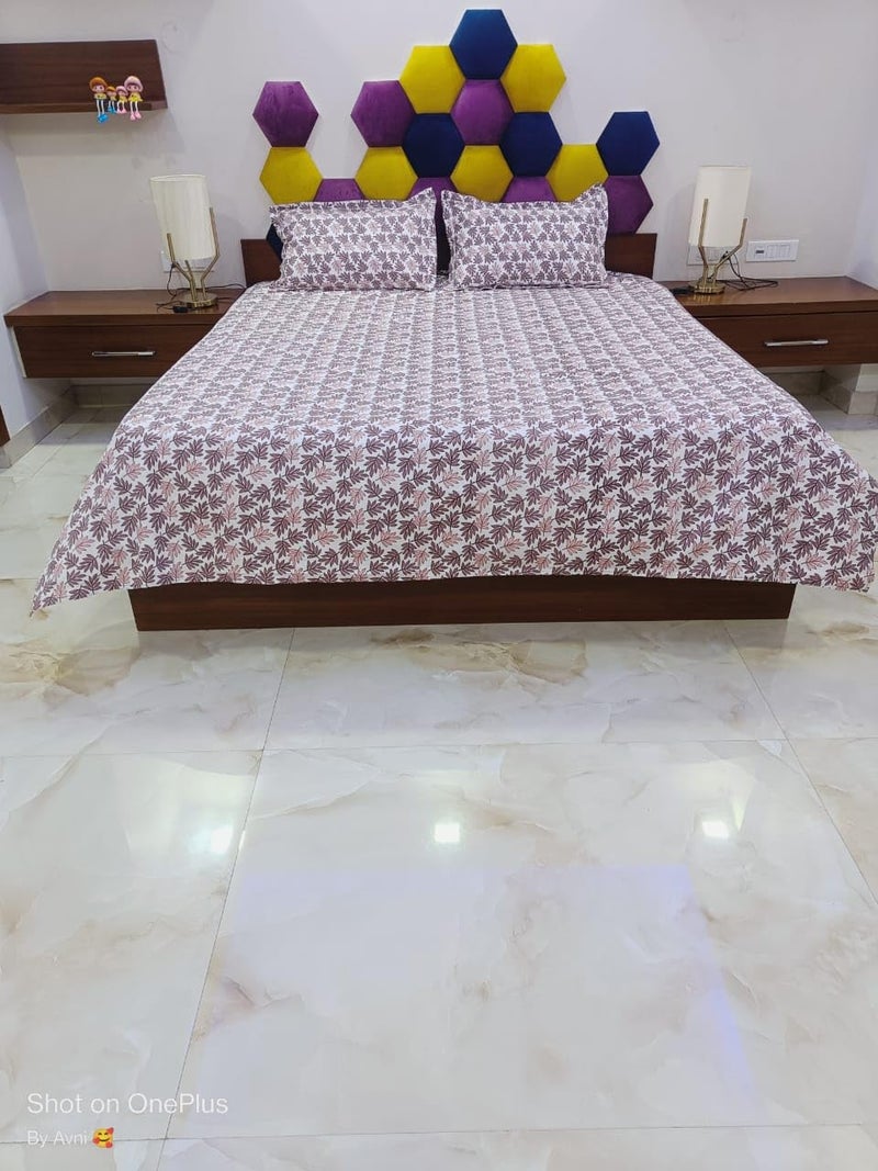 Caffeine Premium Leaf Print Double Bedsheet with Two Pillow Cover Flat Bedsheets (90" x100" White Brown) - Image 1