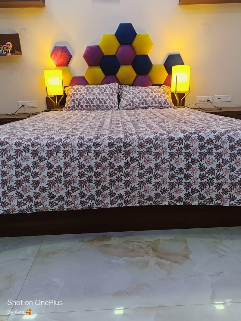 Caffeine Premium Leaf Print Double Bedsheet with Two Pillow Cover Flat Bedsheets (90" x100" White Brown) - Image 3