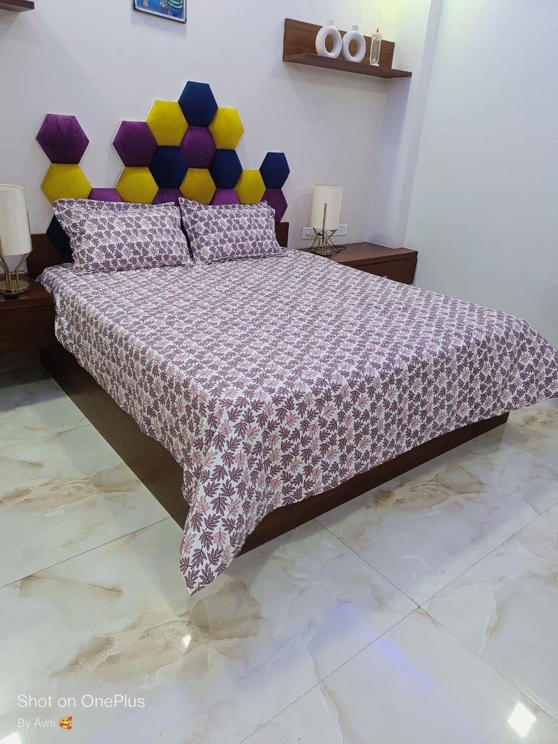 Caffeine Premium Leaf Print Double Bedsheet with Two Pillow Cover Flat Bedsheets (90" x100" White Brown) - Image 2
