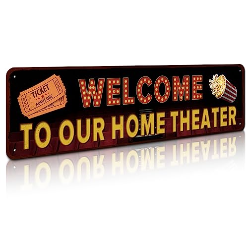SOYAVE Movie Theater Sign, Vintage Wall Decor for Bar, Cafes Pubs, Media Room, 4x16 Inches Aluminum Metal Sign (Welcome to Our Home Theater) - Image 1