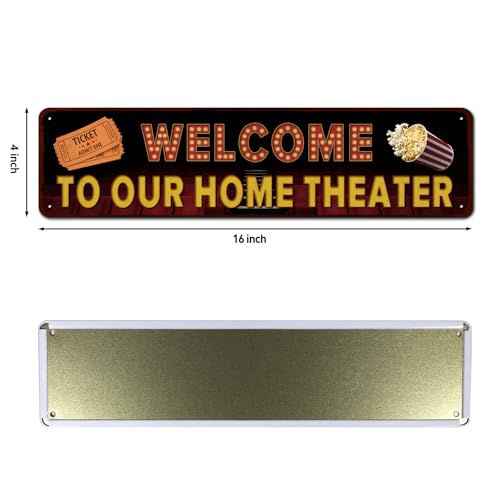 SOYAVE Movie Theater Sign, Vintage Wall Decor for Bar, Cafes Pubs, Media Room, 4x16 Inches Aluminum Metal Sign (Welcome to Our Home Theater) - Image 2