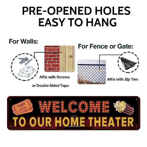 SOYAVE Movie Theater Sign, Vintage Wall Decor for Bar, Cafes Pubs, Media Room, 4x16 Inches Aluminum Metal Sign (Welcome to Our Home Theater) - Image 3
