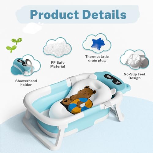 AVIDOR Baby BathtubCollapsible Bathtub for Newborn to ToddlerDurable Essential Infant Bath TubPortable Travel Baby Bathtub with Soft CushionNoSlip Hanging and Detachable BathtubBlue - Image 3