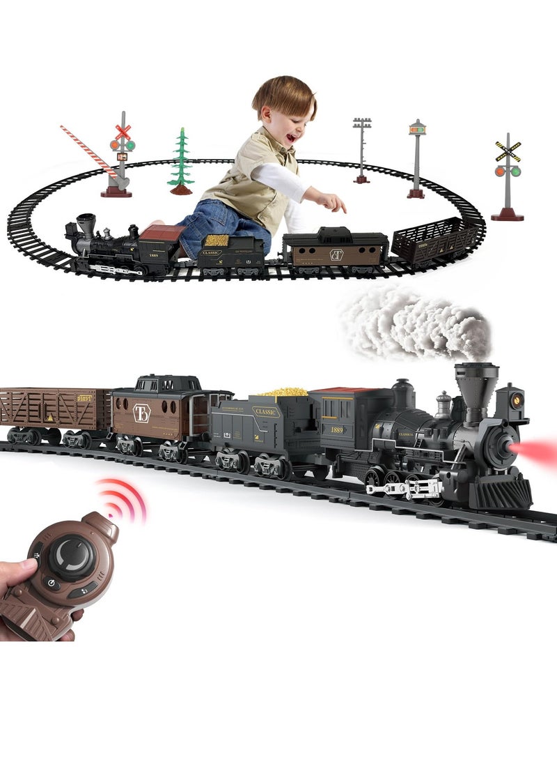 SYOSI - Train Set with Remote Control Retro Rail Steam Toy with Locomotive 3 Freight Trains Alloy Engine Classic Model Train Gift with Steam and Sound - Image 1