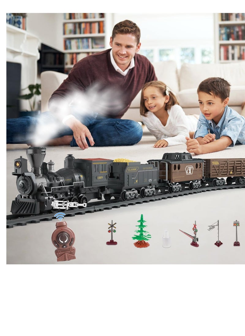 SYOSI - Train Set with Remote Control Retro Rail Steam Toy with Locomotive 3 Freight Trains Alloy Engine Classic Model Train Gift with Steam and Sound - Image 1