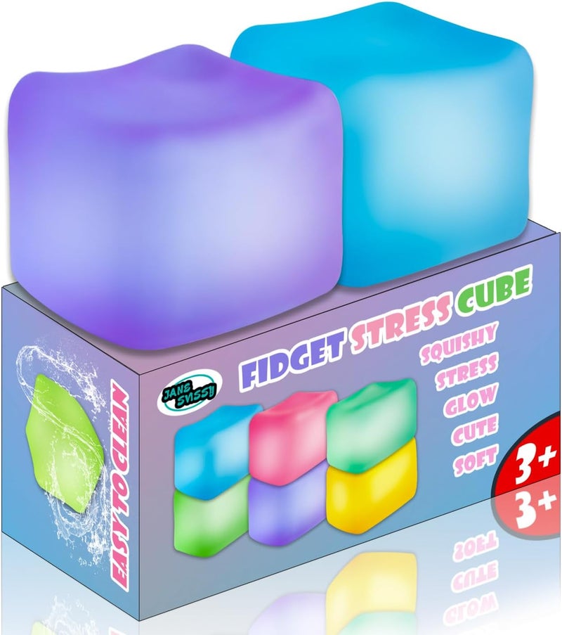 JANESVISSY Fidget Squishy Toys Glow in The Dark,Stress Cube Toys,Nice Slow Rise Squeeze Toy,Ice Cube Toys,Sensory Autism & ADHD Toys,Cool Stuff,Stocking Stuffers for Kids and Adults 2Pcs (Blue+Purple) - Image 1
