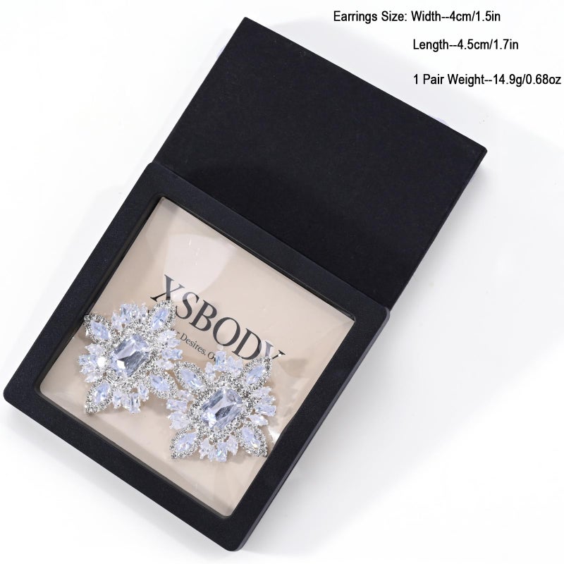 XSBODY Large Silver Rhinestone Clip On Earrings For Women Non Pierced Bling Crystal Statement Earrings Formal Trendy (Silver) - Image 3