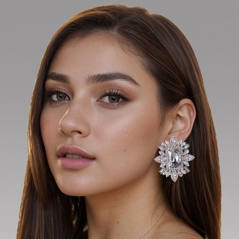 XSBODY Large Silver Rhinestone Clip On Earrings For Women Non Pierced Bling Crystal Statement Earrings Formal Trendy (Silver) - Image 5