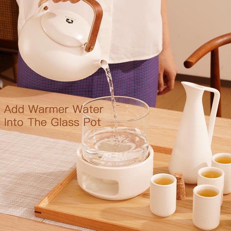 Zens Sake Set with Warmer, 12 Ounce Embossed Ceramic Sake Bottle 6 Sake Cups and Glass Pot for Hot or Cold Japanese Sake, Sake Carafe Gift Sets with Cotton Towel - Image 4