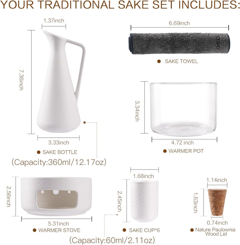 Zens Sake Set with Warmer, 12 Ounce Embossed Ceramic Sake Bottle 6 Sake Cups and Glass Pot for Hot or Cold Japanese Sake, Sake Carafe Gift Sets with Cotton Towel - Image 3