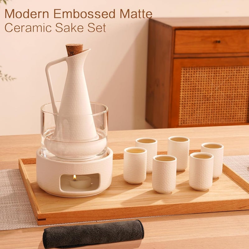 Zens Sake Set with Warmer, 12 Ounce Embossed Ceramic Sake Bottle 6 Sake Cups and Glass Pot for Hot or Cold Japanese Sake, Sake Carafe Gift Sets with Cotton Towel - Image 2