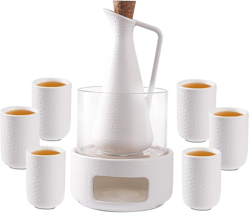 Zens Sake Set with Warmer, 12 Ounce Embossed Ceramic Sake Bottle 6 Sake Cups and Glass Pot for Hot or Cold Japanese Sake, Sake Carafe Gift Sets with Cotton Towel - Image 1