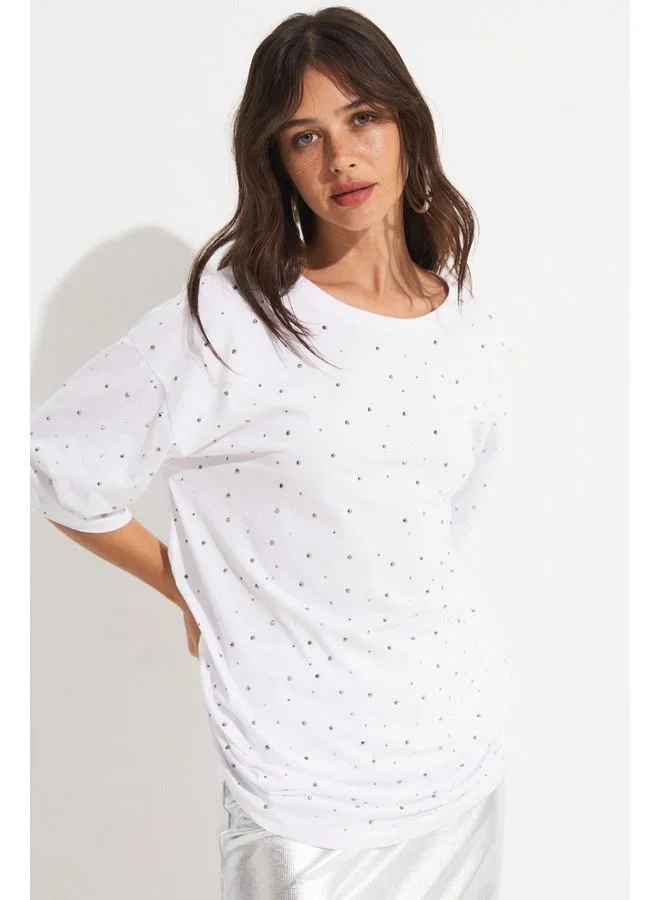 JUNE June Women Crew Neck Stone Detailed Oversize Cotton Tshirt White