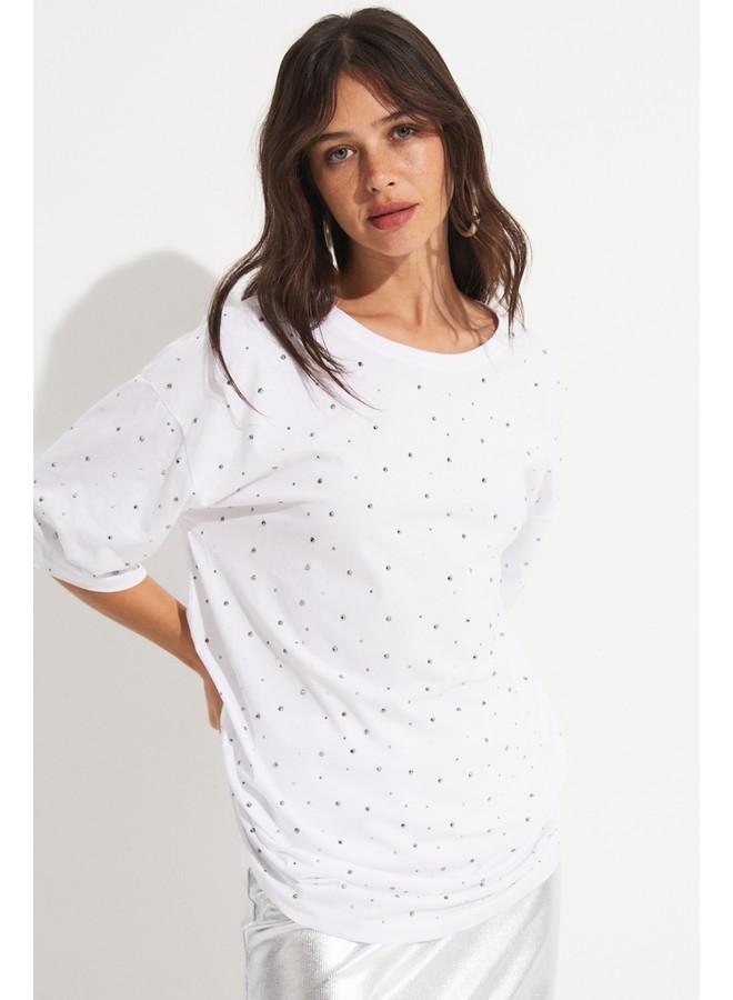 JUNE Women Crew Neck Stone Detailed Oversize Cotton Tshirt White - Image 4