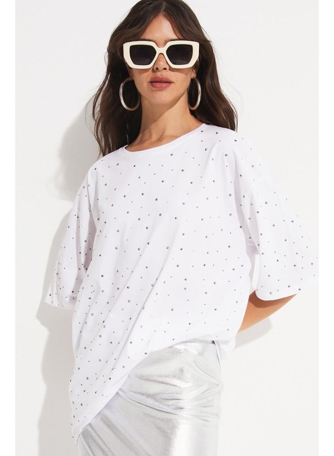 JUNE Women Crew Neck Stone Detailed Oversize Cotton Tshirt White - Image 1