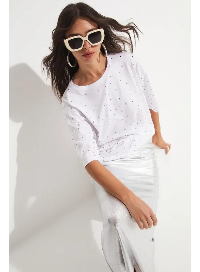 JUNE June Women Crew Neck Stone Detailed Oversize Cotton Tshirt White