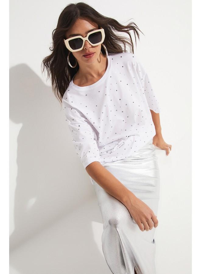 JUNE Women Crew Neck Stone Detailed Oversize Cotton Tshirt White - Image 3