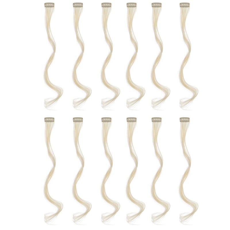 SWACC 12 Pcs Curly Wavy One Color Party Highlights Clip on in Hair Extensions Colored Hair Streak Synthetic Hairpieces Platinum Blonde