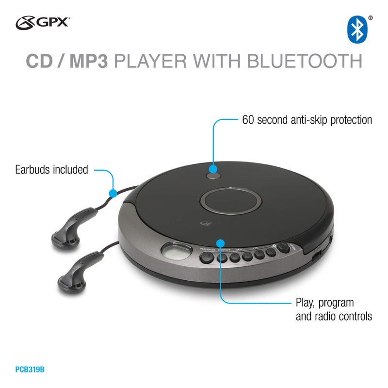 GPX PCB319B Portable Cd Player with Bluetooth, Includes Stereo Earbuds, Black - Image 4
