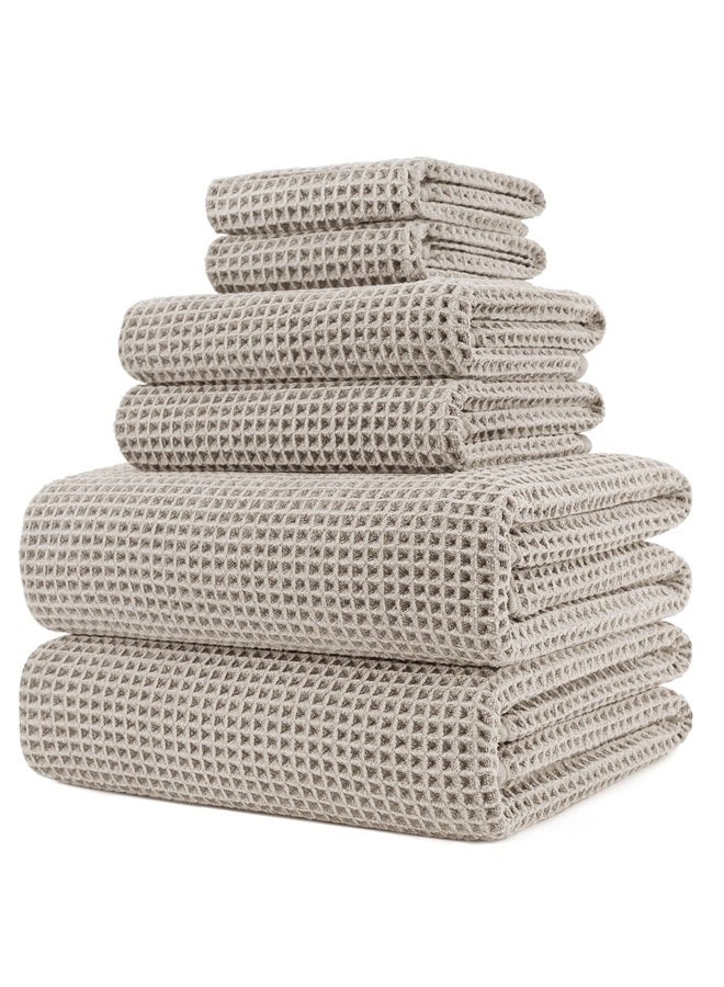 Polyte Oversize, 60 x 30 in., Quick Dry Lint Free Microfiber Bath Towel Set, 6 Piece (Beige, Waffle Weave) - Image 1