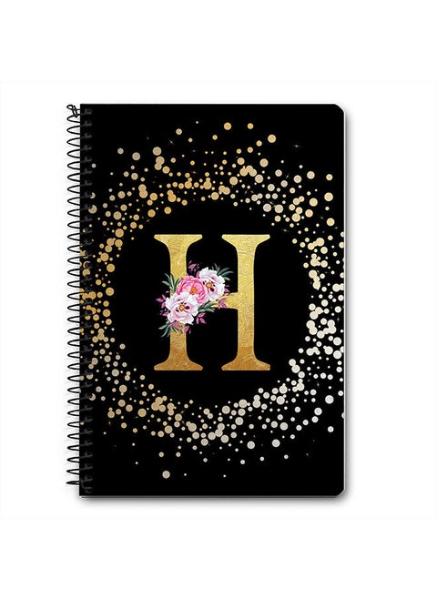 Designer A5 Spiral Notebook Memo Notepad Journal - Custom Monogram Initial Letter Floral Pattern Alphabet - H - Black