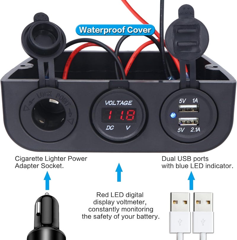 iztor 12-24 V Multifunctional 3 Hole Tent Modification Socket Cigarette Lighter Socket Dual USB Car Charger and Red Digital Voltmeter Combination for Cars Boats and RVs - Image 2
