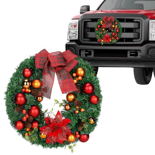 PAMASE 157in Large Car Wreath Christmas Decor Xmas Front Grille Decoration Gifts for Truck SUVs Automotive Winter Holiday Artificial Bows Flowers Ornament Accessories Red - Image 1