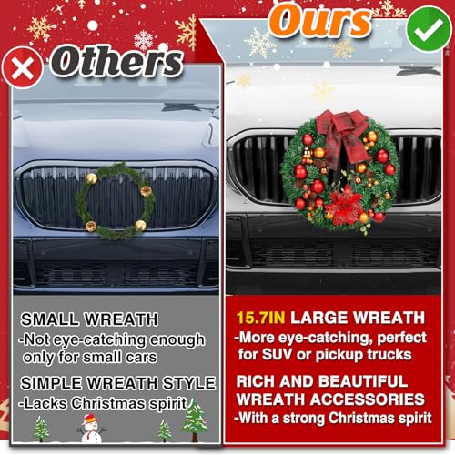 PAMASE 157in Large Car Wreath Christmas Decor Xmas Front Grille Decoration Gifts for Truck SUVs Automotive Winter Holiday Artificial Bows Flowers Ornament Accessories Red - Image 3
