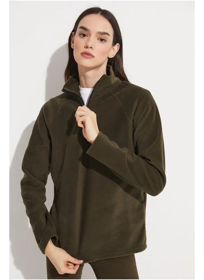 JUNE June Half Zip Fleece Sweatshirt Khaki