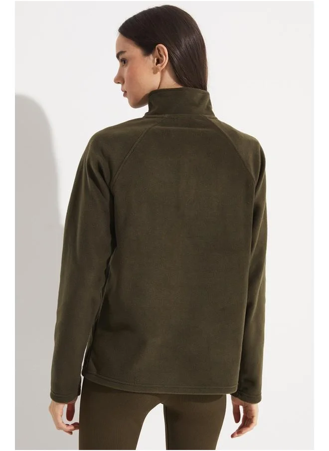 JUNE June Half Zip Fleece Sweatshirt Khaki