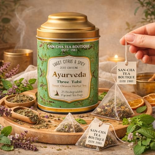SAN-CHA Sancha Tea Boutique Tulsi Tea | Rama, Shyama & Vana Tulsi Blend | 25 Pyramid Tea Bags | Immunity Support | Caffeine-Free Ayurvedic Herbal Infusion - Image 2