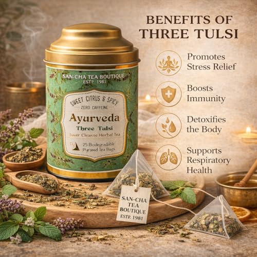 SAN-CHA Sancha Tea Boutique Tulsi Tea | Rama, Shyama & Vana Tulsi Blend | 25 Pyramid Tea Bags | Immunity Support | Caffeine-Free Ayurvedic Herbal Infusion - Image 3