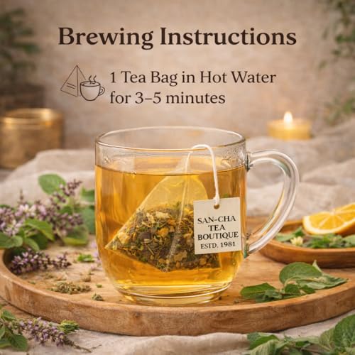 SAN-CHA Sancha Tea Boutique Tulsi Tea | Rama, Shyama & Vana Tulsi Blend | 25 Pyramid Tea Bags | Immunity Support | Caffeine-Free Ayurvedic Herbal Infusion - Image 4