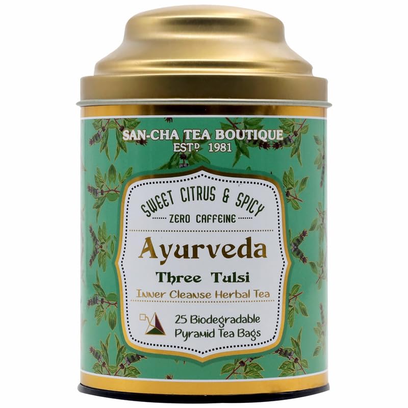 SAN-CHA Sancha Tea Boutique Tulsi Tea | Rama, Shyama & Vana Tulsi Blend | 25 Pyramid Tea Bags | Immunity Support | Caffeine-Free Ayurvedic Herbal Infusion - Image 1
