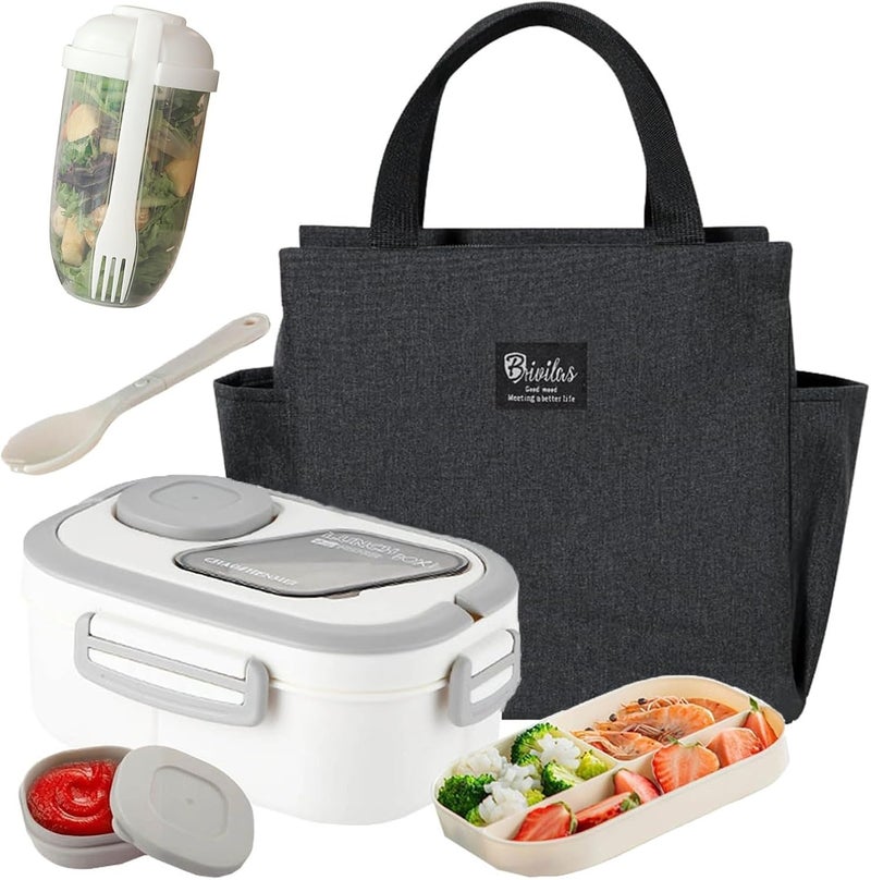 Adult Bento Lunch Box Set with Thermo Bag - Modern Minimalist Design, Leak-Proof Lunchbox with Built-in Utensil & Sauce Container, White Salad Cup for Work & Dining Out - Image 1