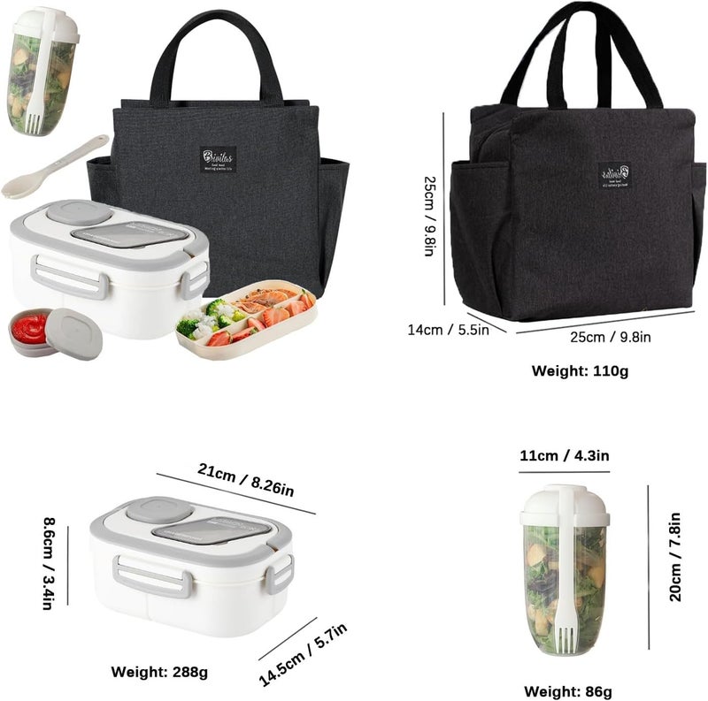 Adult Bento Lunch Box Set with Thermo Bag - Modern Minimalist Design, Leak-Proof Lunchbox with Built-in Utensil & Sauce Container, White Salad Cup for Work & Dining Out - Image 2