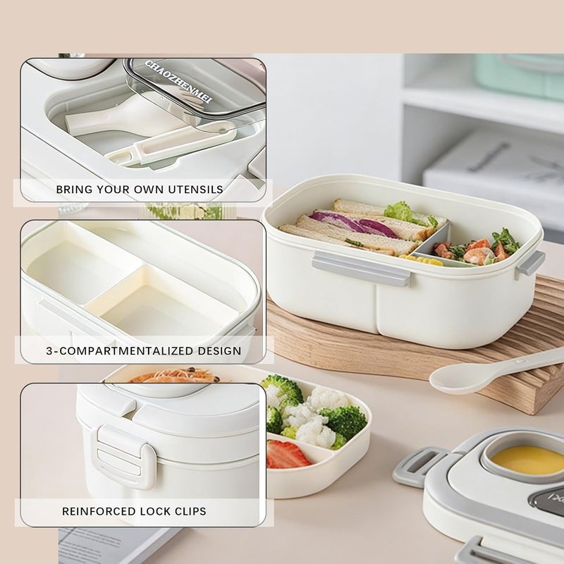 Adult Bento Lunch Box Set with Thermo Bag - Modern Minimalist Design, Leak-Proof Lunchbox with Built-in Utensil & Sauce Container, White Salad Cup for Work & Dining Out - Image 3