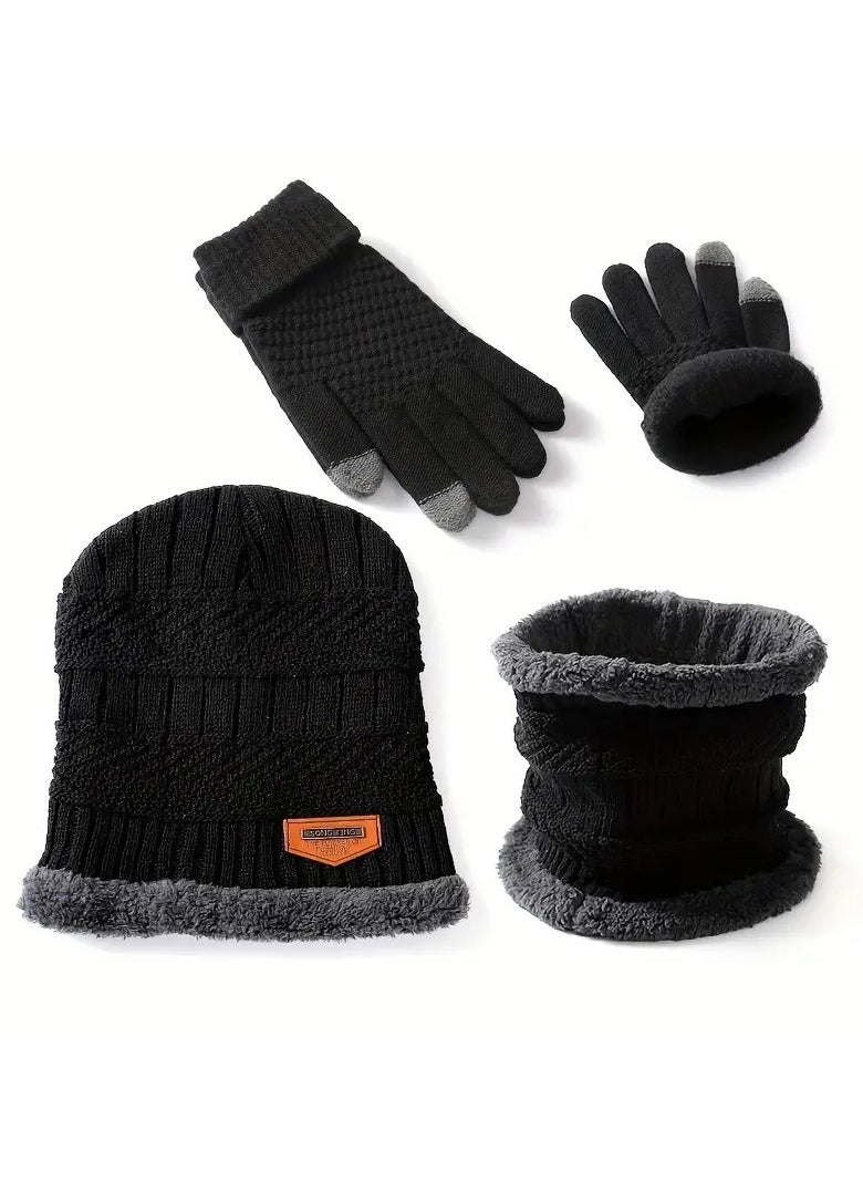 VIUAUAX 3 Pcs Cuff Knit Hat & Neck Warmer & Gloves Set   Ear Protection Warm Hat Neck Cover Letter Patched Thermal Hat And Fleece Neck Warmer Scarf And Winter Full Finger Gloves For Women & Men  - Image 1