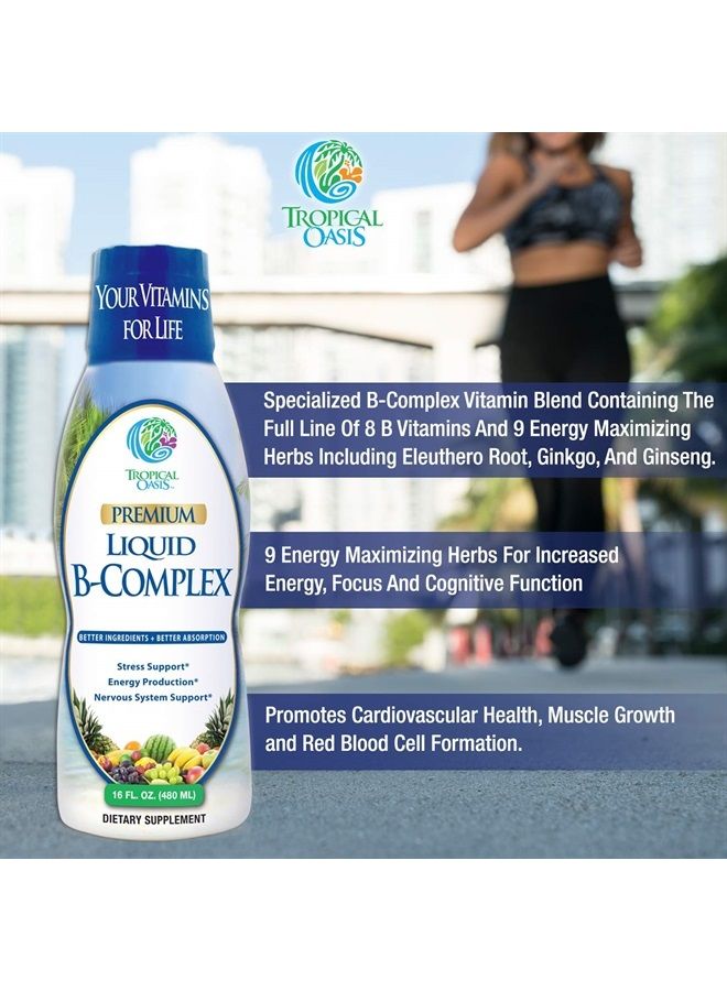 Tropical Oasis Premium Liquid B Complex Vitamin- Fast Absorbing Liquid B-Complex Supplement w/ all 8 B-vitamins, PLUS energizing herbal blend w/ Ginseng, Ginkgo, and Eleuthero Root - Vegan, NON-GMO - 16oz, 32 Serv - Image 5