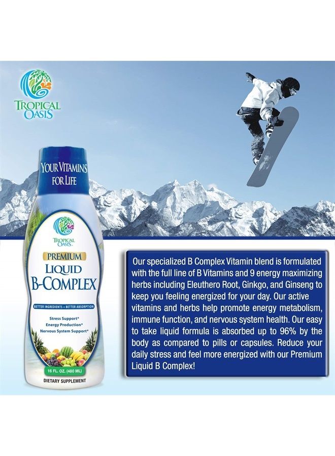 Tropical Oasis Premium Liquid B Complex Vitamin- Fast Absorbing Liquid B-Complex Supplement w/ all 8 B-vitamins, PLUS energizing herbal blend w/ Ginseng, Ginkgo, and Eleuthero Root - Vegan, NON-GMO - 16oz, 32 Serv - Image 4