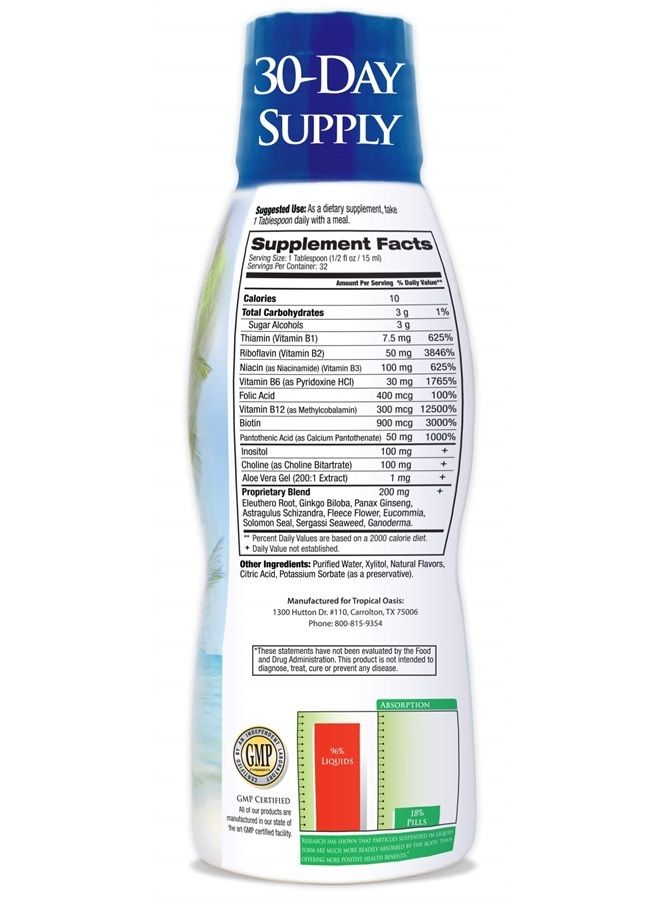 Tropical Oasis Premium Liquid B Complex Vitamin- Fast Absorbing Liquid B-Complex Supplement w/ all 8 B-vitamins, PLUS energizing herbal blend w/ Ginseng, Ginkgo, and Eleuthero Root - Vegan, NON-GMO - 16oz, 32 Serv - Image 2